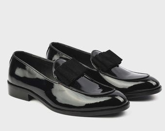 Nouvelles chaussures noeud papillon en cuir verni noir faites main, fond rouge pour homme