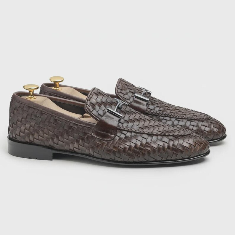 Handcrafted Woven Leather Penny Loafers, full grain calfskin, handstitched sole, slip on dress shoe, brown, men’s sizes