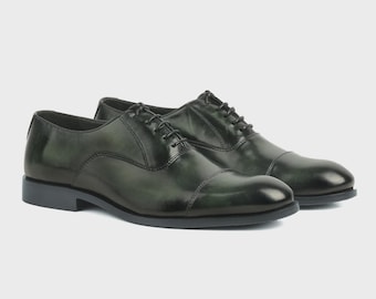 Scarpe eleganti Oxford in pelle verde fatte a mano: scarpe stringate da uomo su misura