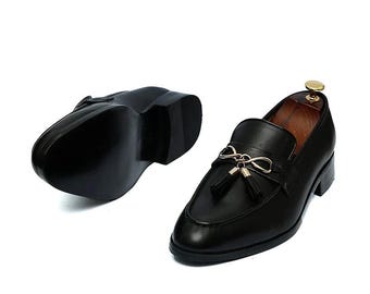 Bespoke Men's Premium Quality Black Leather Slip On Tassels Dress Loafers Shoes