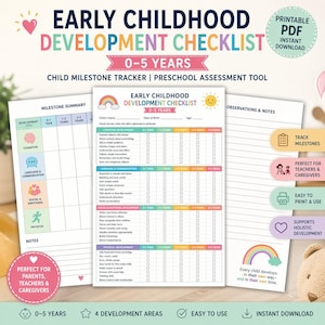 May include: A printable PDF checklist for early childhood development, designed for children aged 0-5 years. The colorful document includes sections for cognitive, language, social, emotional, and physical milestones, with space for observations and notes.
