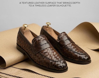 Handmade Brown Woven Leather Loafers for Men – Luxury Slip-On Formal Shoes | Italian Style Dress Shoes