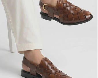 Hand-Woven Leather Peshawari Chappal – Men's Brown Braided Kaptaan Sandals