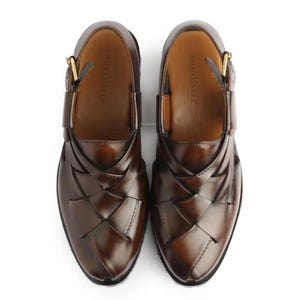Handmade burnished brown leather for men featuring a woven closed-toe upper, adjustable slingback buckle, peep-toe design, and rugged lug sole, ideal for summer, vacations, walking, and smart casual wear.