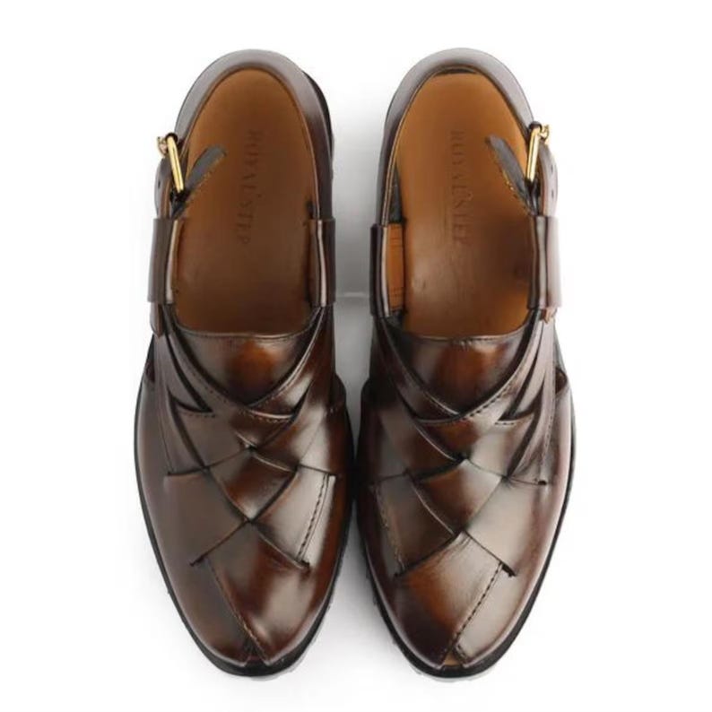 Handmade burnished brown leather for men featuring a woven closed-toe upper, adjustable slingback buckle, peep-toe design, and rugged lug sole, ideal for summer, vacations, walking, and smart casual wear.