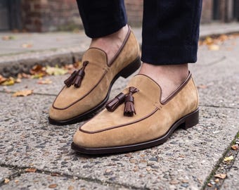 Handmade Brown Suede Tassel Loafers for Men – Classic Slip-On Dress Shoes