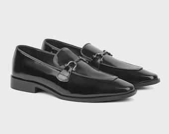 Handmade Black Patent Leather Horsebit Loafers | Men's Formal Dress Shoes