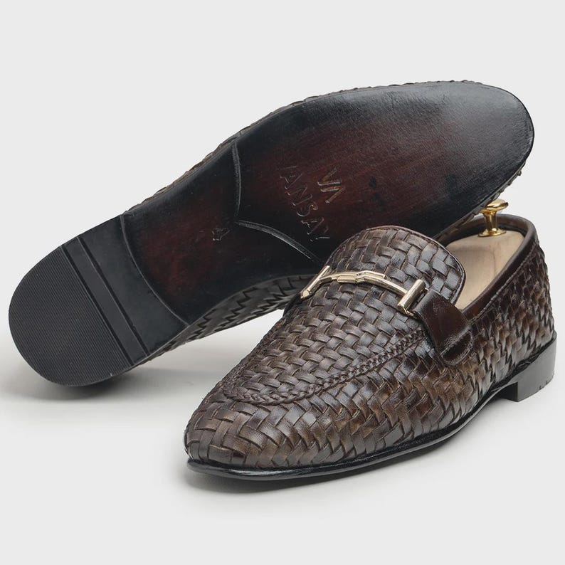 Handcrafted Woven Leather Penny Loafers, full grain calfskin, handstitched sole, slip on dress shoe, brown, men’s sizes