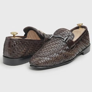 Handcrafted Woven Leather Penny Loafers, full grain calfskin, handstitched sole, slip on dress shoe, brown, men’s sizes