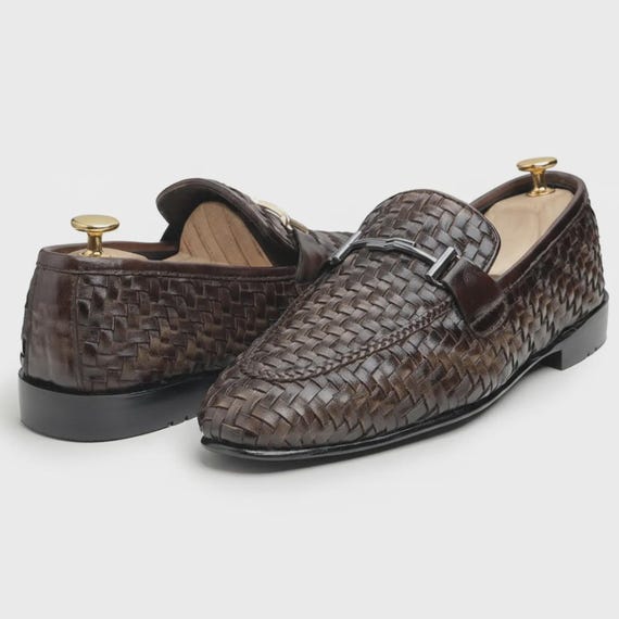 Handmade Brown Woven Leather Loafers | Men's Italian Style Dress Shoes