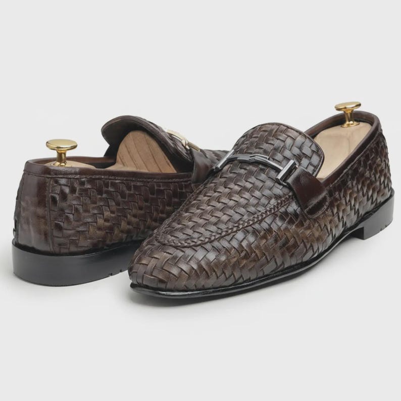 Handcrafted Woven Leather Penny Loafers, full grain calfskin, handstitched sole, slip on dress shoe, brown, men’s sizes