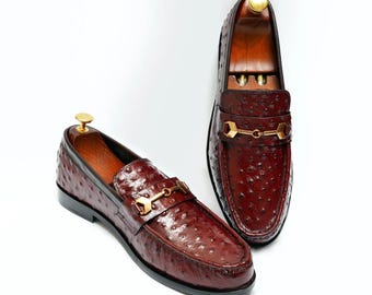 Men's Brown Ostrich Leather Horsebit Loafers – Handmade Luxury Slip On Dress Shoes, Wedding Footwear