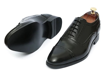 Zapatos de vestir de cuero negro hechos a mano para hombre, zapatos formales con cordones, zapatos Oxford casuales, zapatos de cuero genuino de vaca.