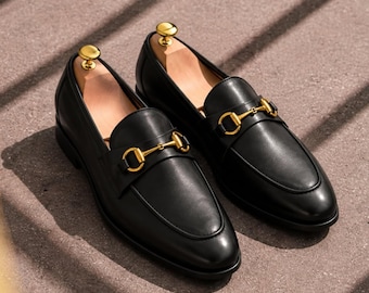 Zwarte leren loafers met paardenbitgesp voor heren, formele instapschoenen, klassieke schoenen met gouden gesp, premium leer