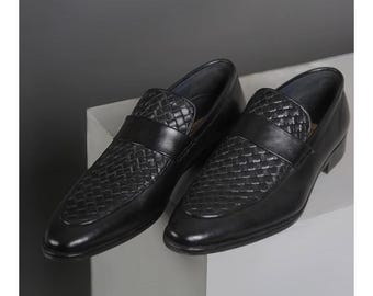 Handmade Men’s Black Woven Leather Loafers | Luxury Slip-On Shoes | Formal & Casual Wear