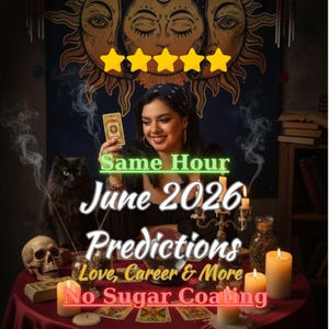 Può includere: Immagine di una donna che tiene in mano una carta dei tarocchi, con un gatto nero, candele e un teschio su un tavolo. Il testo sull'immagine recita "Same Hour June 2026 Predictions Love, Career & More No Sugar Coating."