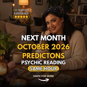 Könnte beinhalten: Eine Werbeanzeige für eine psychische Lesung mit dem Text +20 YEARS OF EXPERIENCE, NEXT MONTH OCTOBER 2026 PREDICTONS PSYCHIC READING SAME HOUR und SWIPE FOR MORE, platziert über einem Tisch mit Tarotkarten, Kerzen und Kristallen.