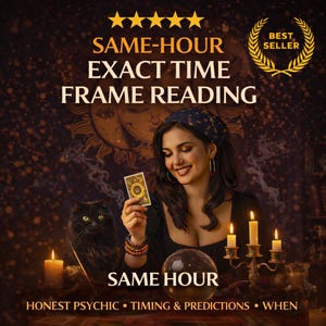 May include: An image featuring a woman holding a tarot card, with a black cat and a crystal ball. The text reads "SAME-HOUR EXACT TIME FRAME READING" and "SAME HOUR". The image has a warm, mystical aesthetic with lit candles and a "BEST SELLER" emblem.
