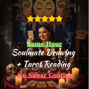 May include: A woman holding a tarot card with the text "Same Hour Soulmate Drawing + Tarot Reading No Sugar Coating". The image includes a black cat, candles, a skull, and a tapestry with sun and moon designs.