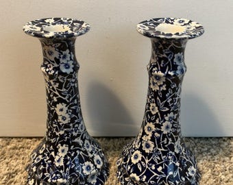 Crownford China Co Inc Staffordshire Calico Pattern Candlestick Holders England