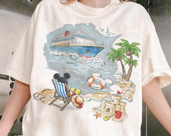 Camiseta de verano Disney con colores retro y cómodos, camiseta de vacaciones en crucero de Mickey Mouse, conjunto vintage a juego para viaje familiar 2026, regalo para crucero tropical