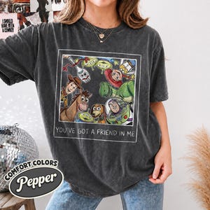 Puede incluir: Camiseta gris oscuro con un gr&aacute;fico enmarcado de personajes de Toy Story. La imagen incluye a Woody, Buzz Lightyear y otros personajes. El texto "YOU'VE GOT A FRIEND IN ME" est&aacute; debajo. La camiseta tiene el logo Comfort Colors Pepper.