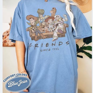 Puede incluir: Camiseta azul claro de manga corta con un gr&aacute;fico de personajes de Toy Story en un sof&aacute; marr&oacute;n. La palabra "FRIENDS" est&aacute; impresa debajo del gr&aacute;fico, con "SINCE 1995" debajo. La camiseta est&aacute; etiquetada como "Blue Jean" en un logotipo de Comfort Colors.