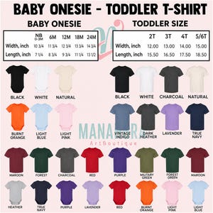 May include: A variety of baby onesies and toddler t-shirts in various colors, including black, white, and red. Sizes range from newborn to 5/6T. Width and length measurements are provided in inches for each size. The image displays a color chart.