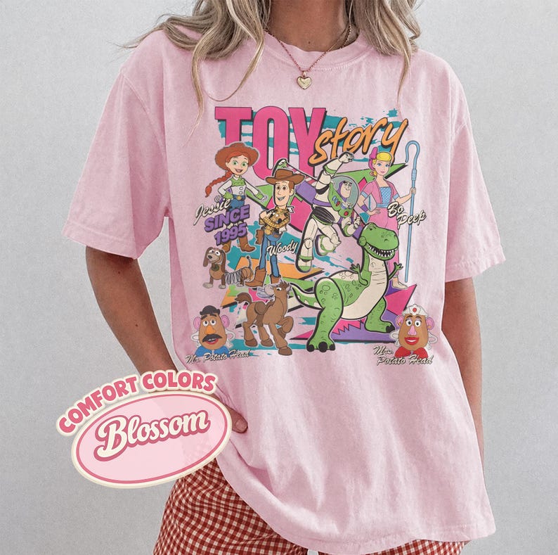 Disney Toy Story 1995 Retro Comfort Colors Shirt, Woody Buzz Lightyear Rex Tee, WDW Disneyland Family Vacation 2026 Trip, Disney Pixar Fest Blossom/Light Pink