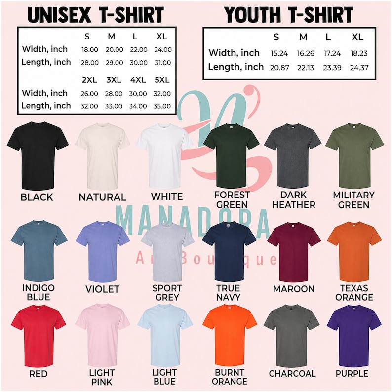 May include: A variety of unisex and youth t-shirts in various colors, including black, white, red, and blue. The image displays size charts with measurements in inches for both adult and youth sizes. The shirts are arranged in rows, showcasing the available color options.