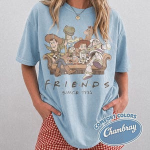 Puede incluir: Camiseta azul claro con un gr&aacute;fico de personajes de Toy Story en un sof&aacute;, con la palabra "FRIENDS" y "SINCE 1995" impresas debajo. La camiseta es de la marca Comfort Colors.