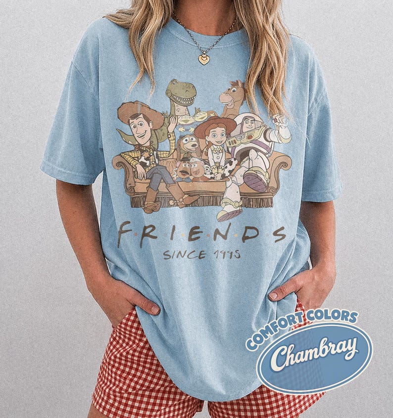 Puede incluir: Camiseta azul claro con un gr&aacute;fico de personajes de Toy Story en un sof&aacute;, con la palabra "FRIENDS" y "SINCE 1995" impresas debajo. La camiseta es de la marca Comfort Colors.
