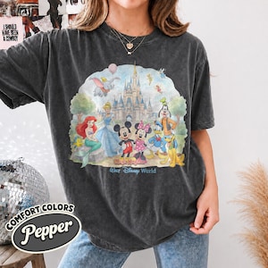 Op de afbeelding: Een antracietgrijs t-shirt met korte mouwen en een grafische print van diverse tekenfilmfiguren voor een kasteel. De tekst "Magic Kingdom" en "Walt Disney World" staat onder de figuren gedrukt. Het shirt heeft een vintage wassing.