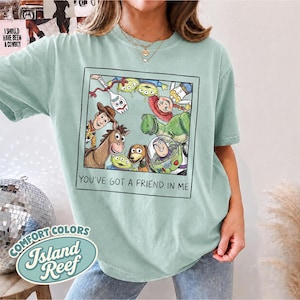 Puede incluir: Una camiseta verde claro con una imagen de dibujos animados enmarcada de personajes de la pel&iacute;cula Toy Story. La imagen incluye a Woody, Buzz Lightyear y otros personajes. El texto "YOU'VE GOT A FRIEND IN ME" est&aacute; debajo.