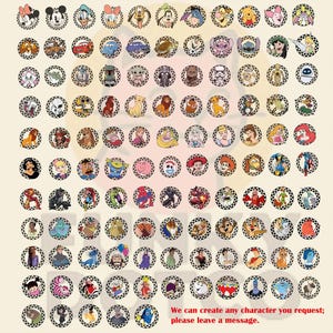 May include: A collection of circular character images, each surrounded by a black and white checkered border. The images feature various cartoon characters, including Mickey Mouse, Donald Duck, and characters from Disney movies. The text at the bottom says, "We can create any character you request; please leave a message."