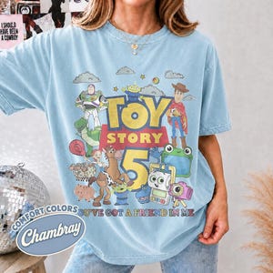 Toy Story 1995 Retro Comfort Colors Shirt, Woody Buzz Lightyear Rex Tee, WDW Disneyworld Family Vacation 2026 Trip,Pixar Fest ChamBray/Light Blue