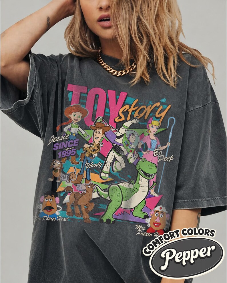 Disney Toy Story 1995 Retro Comfort Colors Shirt, Woody Buzz Lightyear Rex Tee, WDW Disneyland Family Vacation 2026 Trip, Disney Pixar Fest Pepper/Dark Heather