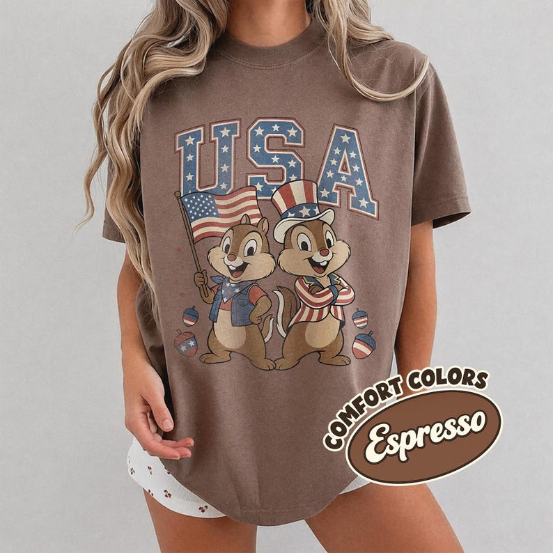 Comfort Color Disney USA Shirt, Chip and Dale 4th of July T-Shirt, Disney Independence Day Shirt, Disneyworld American Flag Shirts Espresso