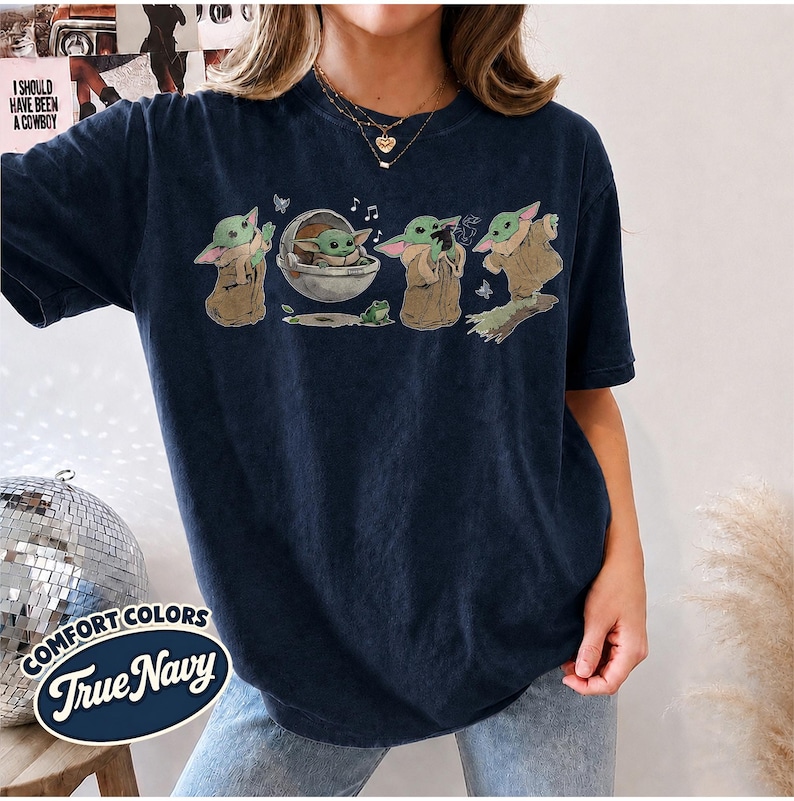 Retro Star Wars Grogu Shirt, Cute Baby Yoda Tee, baby Yoda Sweatshirt, Disney World Gift, Unisex Comfort Colors Star Wars Shirt True Navy