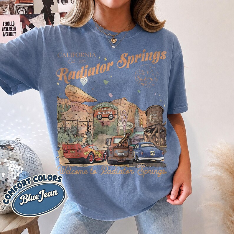 Vintage Radiator Springs Comfort Colors Shirt, Lightning McQueen Tow Mater Tee, Pixar Cars Family Tee, Disney Vacation Shirt, Disneyland Tee Blue Jean