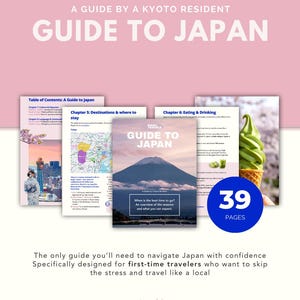 以下が含まれることがあります： ピンク色の背景に「Guide to Japan」というタイトルのデジタルガイド。ガイドには、目的地、食事、目次に関する章が含まれています。表紙には富士山が描かれています。ガイドは39ページで、初めての旅行者向けに設計されています。