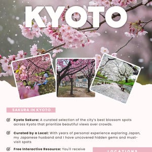 Puede incluir: Un cartel turístico de Kioto, Japón, con el texto "Top Sakura Viewing Locations" y "Kyoto" en letras blancas grandes. La imagen presenta ramas de cerezos en flor y fotos de lugares de observación de sakura.