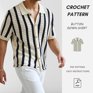 Wzór na szydełkową bluzkę męską w formacie PDF, Wzór na szydełkową koszulę z guzikami, Szydełkowa koszula w paski DIY, Wzór na szydełkową bluzkę męską dla początkujących