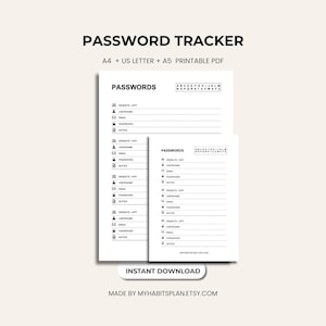 Password Tracker Printable – Password Log Book – Website Login Organizer – Minimal Planner Insert – A4 A5 US Letter PDF