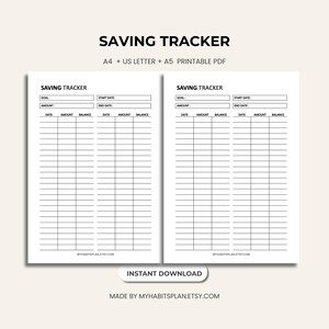 Peut inclure: Un suivi d'épargne PDF imprimable sur fond blanc. Le texte "SAVING TRACKER" est en haut. Le suivi comprend des sections pour l'objectif, le montant, les dates de début et de fin, et une colonne de solde. Le texte "A4 + US LETTER + A5 PRINTABLE PDF" est également visible.