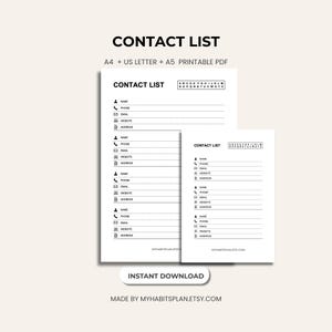 Peut inclure: Une liste de contacts imprimable aux formats A4, US Letter et A5. La conception présente une mise en page épurée et minimaliste avec des sections pour le nom, le téléphone, l'e-mail, le site Web et l'adresse. Le texte "CONTACT LIST" est en haut.