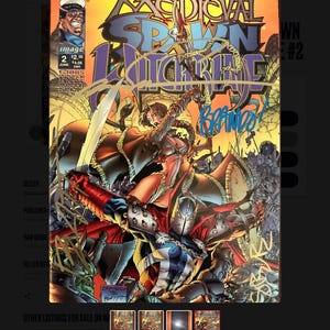 May include: A comic book cover titled Medieval Spawn Witchblade number 2, featuring a central female warrior with a sword and a masked figure in red and blue armour. The cover includes gold and blue ink signatures and the text Image 2 $2.95.