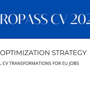 Puede incluir: Gráfico con el texto "EUROPASS CV 2026" en letras blancas sobre fondo azul. Debajo, el texto "ATS OPTIMIZATION STRATEGY" y "REAL CV TRANSFORMATIONS FOR EU JOBS" se muestran en negro.