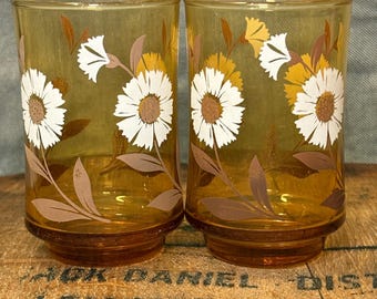 Deux verres à jus vintage Libbey Amber Daisy