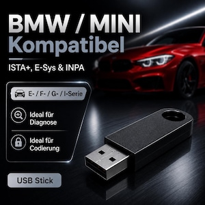 Peut inclure: Une clé USB noire avec un trou circulaire à une extrémité, affichée à côté du texte BMW / MINI Kompatibel, ISTA+, E-Sys & INPA, E- / F- / G- / I-Serie, Ideal für Diagnose, Ideal für Codierung et USB Stick, avec une voiture rouge en arrière-plan.